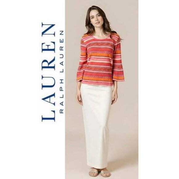LAUREN by RALPH LAUREN, Pink and orange striped pullover sweater, size: XL - Picture 1 of 12